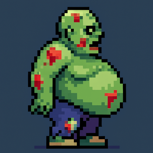 pixel art fat zombie left in a side view..
In-Game asset.  2d.  High contrast.  No shadows