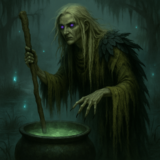 A hauntingly beautiful swamp witch draped in moss-draped robes and raven feathers. Female, 44 years old, tall and willowy, long tangled silver-blonde hair, glowing violet eyes, pale greenish skin marked with old runes. Fingers elongated and tipped with claws. She stirs a cauldron in the middle of a foggy, glowing swamp surrounded by will-o'-wisps. Realistic, highly detailed, eerie mystical style. realistic.
In-Game asset.  2d.  High contrast.  No shadows