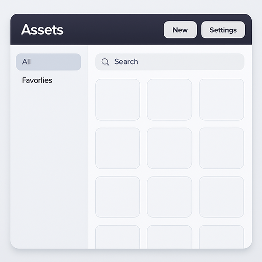 UI of 2D videogame asset management tool app, empty slots for assets, sleek flat intuitive User Interface futuristic style of Apple product ui, blank template sans uploaded assets