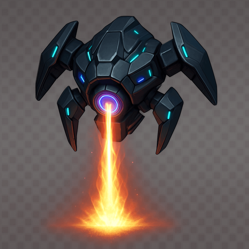 Dron alienígena enemigo, diseño futurista flotante, formas geométricas modernas, cañón central disparando energía hacia abajo, iluminación realista, fondo transparente, sin fondo, arte 2D para videojuego.
In-Game asset.  2d.  High contrast