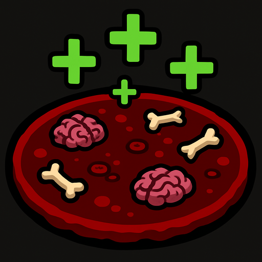 A healing blood pool with circular zombie brain and bone particles. Green + (healing) symbols on top. 2D..
In-Game asset.  2d.  High contrast.  No shadows