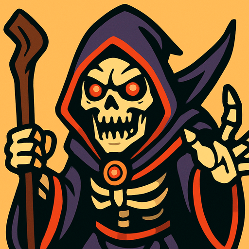 un hechizero esqueleto les mira de forma aterradora hacia adelante con ojos rojos y brillosos.
In-Game asset.  2d.  High contrast.  No shadows