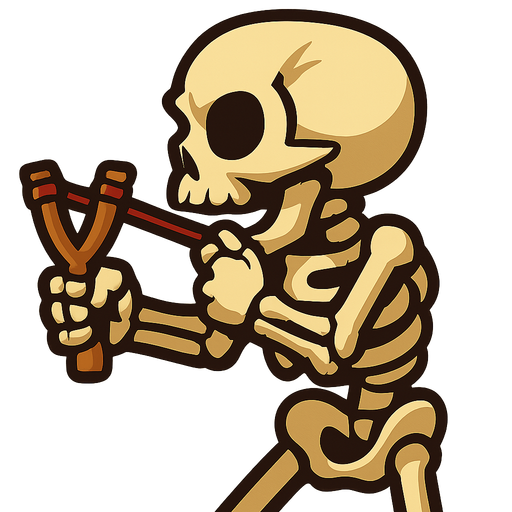 Skeleton facing left with a slingshot.
In-Game asset.  2d.  High contrast.  No shadows