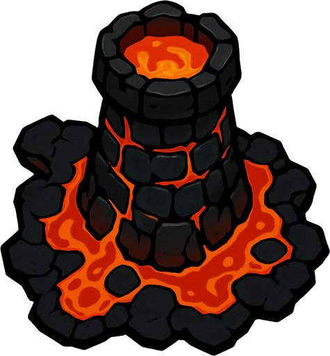 Dark magma tower.
In-Game asset.  2d.  High contrast.  No shadows. Topdown