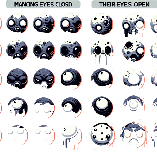 A sprite sheet of evil dark and dangerous looking planets with their eyes closed and their eyes open..
Single Game Texture. In-Game asset. 2d. Blank background. High contrast. No shadows.