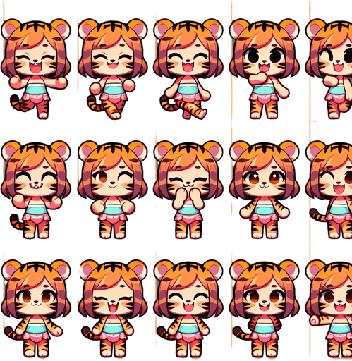 A spritesheet with a number of poses of an happy little tigergirl in a swimsuit, smiling, walking, waiting, standing, ordering, turning, etc. all seen from the side.The spritesheet should be laid out in a rectangular grid with clear space between each individual sprite. Each sprite in the sheet should be around 300x600 pixels in size.
Single Game Texture. In-Game asset. 2d. Blank background. High contrast. No shadows.