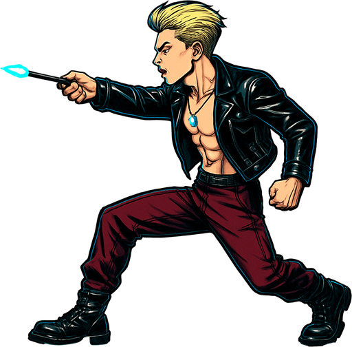 Cyberpunk manga, side profile view running animation frames, shiny black leather biker jacket longsleeves shirtless thin abs pecs necklaces gemstone tipped wand, action shot wand pointed straight in front arm extended wand casting spell fierce fashion pose animation blonde undercut pompadour, vampire fangs, wine red joggers, combat boots, Background removed, "Full-body character, entirely in frame, no cropping of face, head, or feet" "Complete character visible, from head to toe, fully centered in the image" "Entire character, including face and boots, fully within the frame" Character fully contained within a square frame, no edges cut off,
