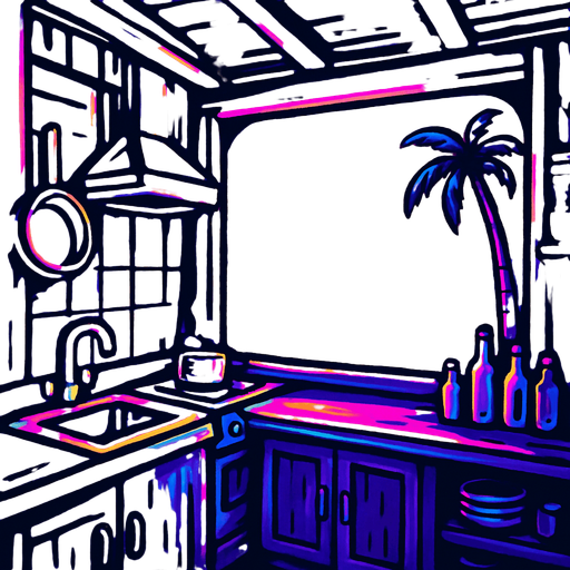 Inside the kitchen of a small wooden shack restaurant, looking out over the counter onto a beach view with long gradual gradients. No people inside or on the beach.