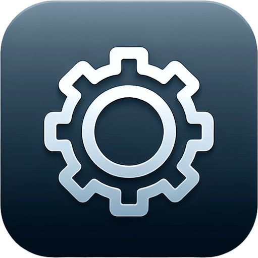 A square app store icon with rounded edges, designed for a Settings app. The icon features a simple gear symbol in the center, cleanly outlined with smooth lines. The background is a gradient of grey to dark blue, with a subtle glow around the gear, maintaining a modern and minimalistic aesthetic..
Single Game Texture. In-Game asset. 2d. Blank background. High contrast. No shadows.