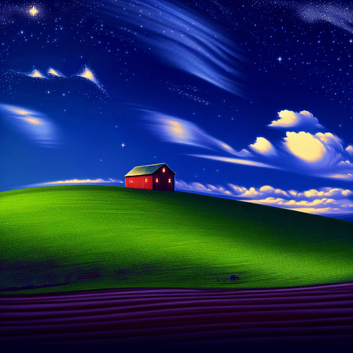 Windows xp hill with a red barn on the top of the hill at night.
Single Game Texture. In-Game asset. 2d. Blank background. High contrast. No shadows.