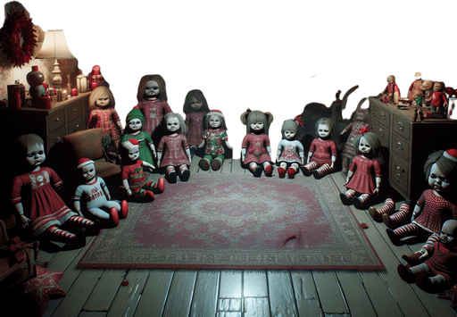 Eerie Christmas-inspired doll room similar to a resident evil room
Single Game Texture. In-Game asset. 2d. Blank background. High contrast. No shadows.
