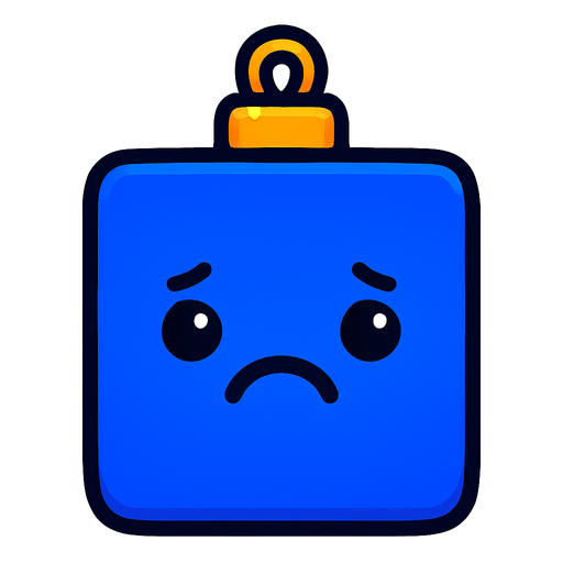a sad Perfectly square bright cobalt blue Christmas decoration with cute happyy face. Cartoon style. Cute art style. Simple vector style. No Shadows Single Game Texture. In-Game asset. 2d. Blank background. High contrast. No shadows..
In-Game asset.  2d.  High contrast.  No shadows