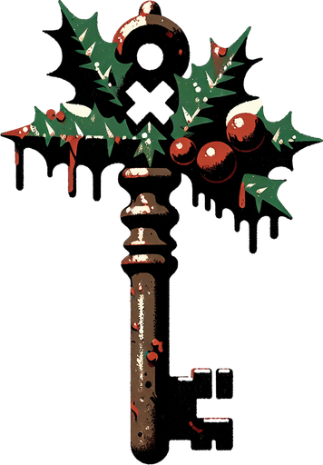 a simple dirty, dark and eerie Christmas bathroom key.
Single Game Texture. In-Game asset. 2d. Blank background. High contrast. No shadows.