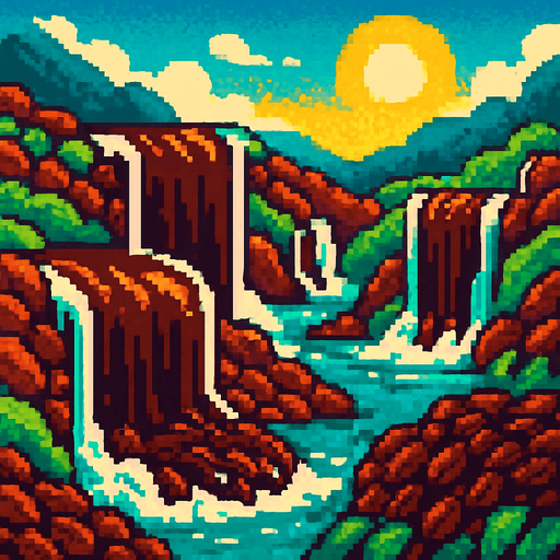 paisage con cascadas de cafe de pixeles.
In-Game asset.  2d.  High contrast.  No shadows