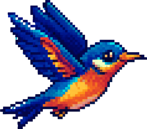 Fastest flaying bird ( Piksel art). Cute. Colorful 
In-Game asset.  2d.  High contrast.