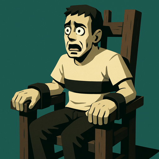 a person in site position chair and scared and his hands on the to woods of the chair (torturing chair) tied similar to saw room scene
In-Game asset.  High contrast.  No shadows. 3D