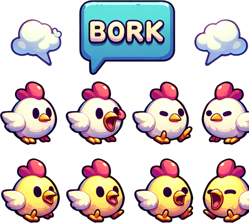 Chicken chicks with small bork speech bubbles.
Single Game Texture.  In-Game asset.  2d.  Blank background.  High contrast.  No shadows