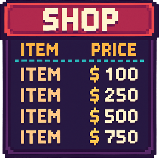 shop written menu tabela pixel.
In-Game asset.  2d.  High contrast.  No shadows