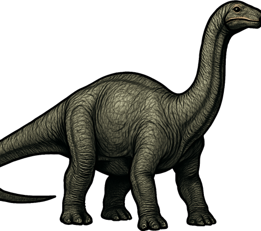 A large, realistic Apatosaurus dinosaur depicted in a neutral standing pose on a transparent background. It has a long, thick neck and a massive, sturdy body covered in textured grayish-green scales. The dinosaur’s skin shows wrinkles and subtle roughness, with detailed muscle structure beneath. Its long tail extends straight behind, balancing the heavy body. The head is small compared to its body, with gentle eyes and a blunt snout. The overall look is calm but powerful, emphasizing the enormous size and strength of this giant herbivore..
In-Game asset.  2d.  High contrast.  No shadows