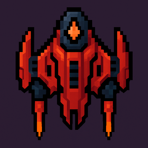 Enemy spaceship top down 2d pixilated and looking downwards.
In-Game asset.  2d.  High contrast.  No shadows