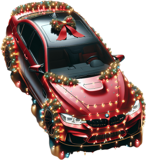 Photorealistic red BMW M3 Wrapped with Christmas lights that light up in various colors, little golden bow on hood, top view