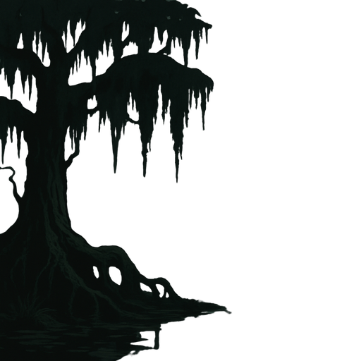 A gloomy medieval swamp with moss-draped trees, murky water reflecting a grey sky, eerie fog drifting over twisted roots, dark fantasy mood, realistic.
In-Game asset.  2d.  High contrast.  No shadows