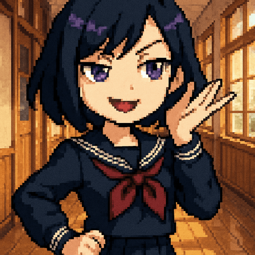 A charming anime-style girl rendered in delightful Pixel Art, featuring an emo aesthetic, striking purple eyes, and a classic Japanese school uniform (sailor fuku).

She confidently strikes the iconic “Ojou-sama pose”:
Her left hand is elegantly lifted near her face, fingers gracefully splayed like a fan, perfectly framing her smug expression.

Her face bears a tilted, self-assured smile, the kind that practically echoes a soft, aristocratic “Ohoho~” laugh. One eyebrow arches subtly, radiating playful confidence and a touch of superiority.

Her right hand rests casually near her waist, loosely clenched into a relaxed fist — an anchor for her graceful yet dominant posture.

Behind her stretches the polished hallway of a Japanese school, complete with sliding doors and sunlit windows, completing the scene with a nostalgic, everyday charm — all captured in the cozy, detailed charm of Pixel Art.