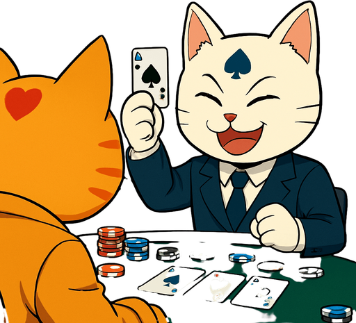 16:9 App Store banner with these two cats playing cards across the table from each other.  View is over the left shoulder of the orange cat towards the white cat, who is holding a card in the air with two fingers and looking triumphant. Poker chips are scattered across the table.