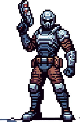 Create a pixel art sprite of the Mandalorian from the Star Wars universe. The Mandalorian should be standing in a determined pose, with his beskar armor and blaster raised. The sprite should be detailed and recognizable, but also stylized to fit within the pixel art aesthetic.
The Mandalorian is a skilled bounty hunter known for his unwavering determination and formidable combat skills. Clad in his signature beskar armor, he wields an array of deadly weapons, including his trusty blaster and a jetpack that allows him to maneuver with incredible agility. Despite his gruff exterior, the Mandalorian possesses a strong sense of honor and a deep-seated loyalty to those he protects.