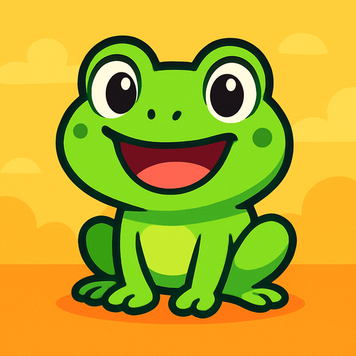 “A cute cartoon-style frog character for a mobile game. Bright green skin, big round eyes, wide smiling mouth, small chubby body, sitting or standing upright. Friendly and playful expression, simple colorful background. High-quality digital illustration, perfect for a fun kids game.”.
In-Game asset.  2d.  High contrast.  No shadows. cartoon style