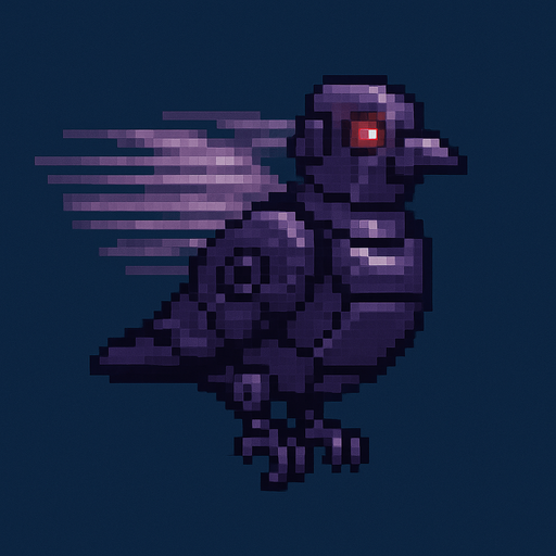 Pixel art of a dark purple robotic pigeon spinning in midair, wings blurred in motion. Enemy type in a 2D arcade game, side view.
In-Game asset.  2d.  High contrast.  No shadows