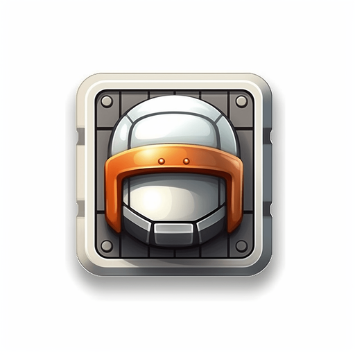 Single square button with soldier helmet on it. Metal button
Game Texture. In-Game asset. 2d. Pixelart. White background. Blank background. Low detail. High contrast.