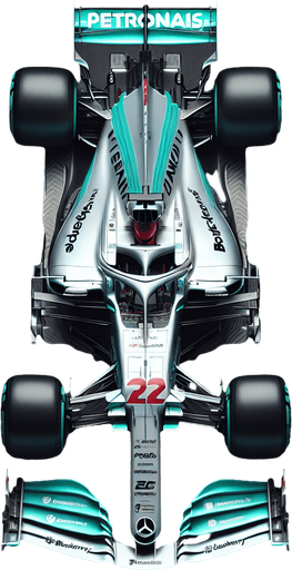 Real life Silver f1 mercedes race car with turquoise green lines and REARwings and white "PETRONAIS" text on wings.
Red race number on car nose. Black peace logo, black Blackberry text on sides. TOP VIEW