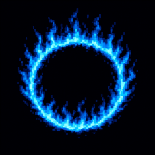 A blue ring of nuclear fire seen from overhead.
Single Game Texture. In-Game asset. 2d. Blank background. High contrast. No shadows. pixel art