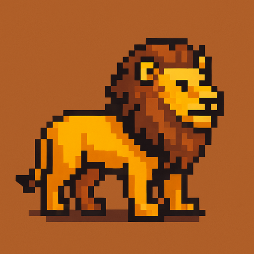 Lion pixel.
In-Game asset.  2d.  High contrast.  No shadows