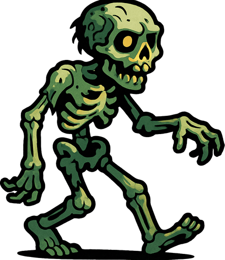 Esqueleto zombi en cuerpo completo caminando.
In-Game asset.  2d.  High contrast.  No shadows