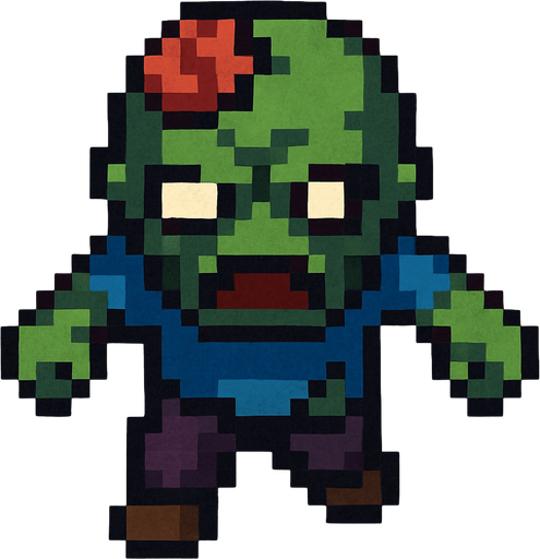 Zombie desde arriba estilo rpg, pixelart.
In-Game asset.  2d.  High contrast.  No shadows