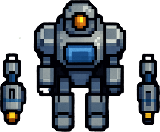 Пиксельный робот видо с верху космический без рук отдельно части тела и две от дельные пушки пиксели и космос.
In-Game asset.  2d.  High contrast.  No shadows