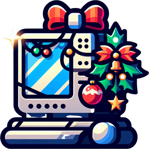 a PC, christmas style Single Game Texture. In-Game asset. 2d. Blank background. High contrast. No shadows.