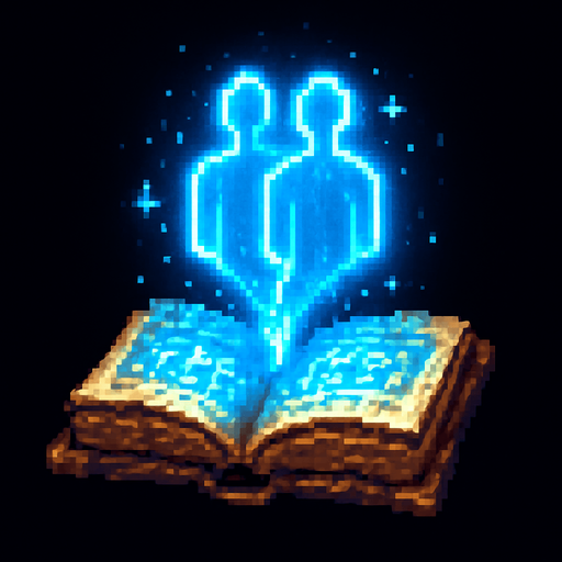 "2D pixel art of a glowing blue clone symbol emerging from an open magical book. The book is ancient, with worn leather covers and glowing runes on its pages. The clone symbol appears to float above the book, made of shimmering blue magical energy, slightly transparent and radiating light. The symbol has a mirrored silhouette or double shape to suggest duplication or cloning. The style is fantasy-themed, suitable for a magic RPG icon or visual effect. Lighting is soft but magical, with a focus on the glowing blue symbol. Classic 16-bit pixel art style. Transparent background.".
In-Game asset.  2d.  High contrast.  No shadows