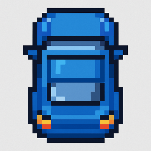 Blue car 2d pixilated topdown.
In-Game asset.  2d.  High contrast.  No shadows