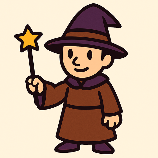 Mago con sombrero morado oscuro y marrón sin barba con varita con estrella, de cuerpo entero.
In-Game asset.  2d.  High contrast.  No shadows