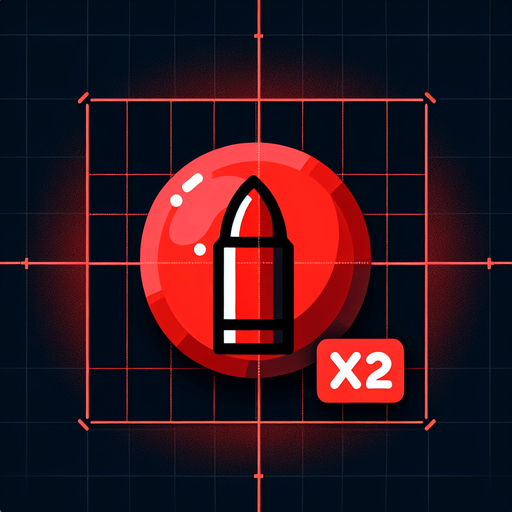 red  circle with black background and bullet on middle next to x2 symbol.
Single Game Texture. In-Game asset. 2d. Blank background. High contrast. No shadows.