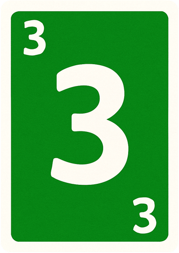 Rectangular card numbered 3, with a white border around it and a green background..
In-Game asset.  2d.  High contrast.  No shadows