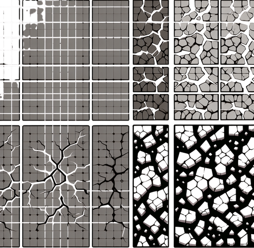 A sprite sheet of different crack patterns. Just the crack..
Single Game Texture. In-Game asset. 2d. Blank background. High contrast. No shadows.