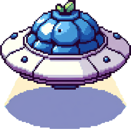 8-bit pixelated isometric blueberry-shaped UFO with a cute fruit inside.
Single Game Texture. In-Game asset. 2d. Blank background. High contrast. No shadows.