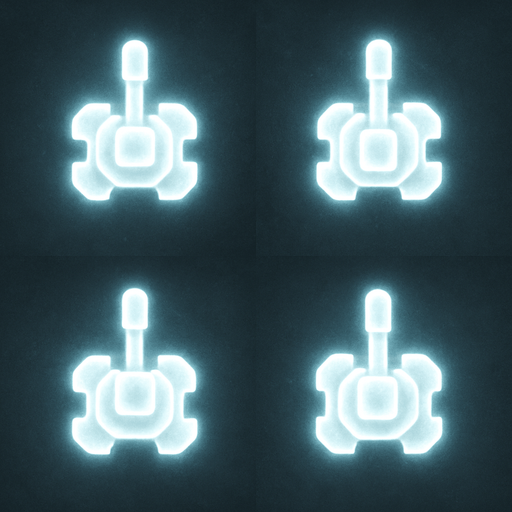 2x2 Sprite Sheet of a turret made of white glow.
single barrel
Seen from above.