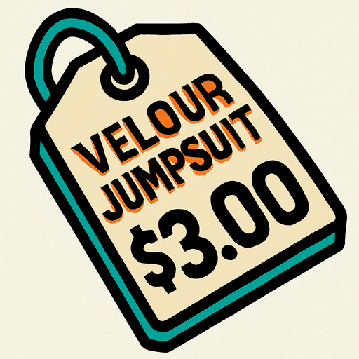 Price tag that says velour jumpsuit $3.00.
In-Game asset.  2d.  High contrast.  No shadows