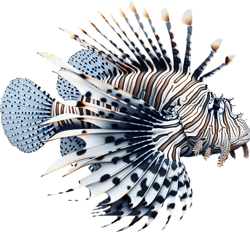 a realistic lionfish.
Single Game Texture. In-Game asset. 2d. Blank background. High contrast. No shadows.