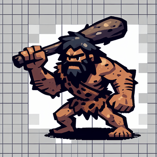 A animated image of a aggressive caveman with a club.
Single Game Texture. In-Game asset. 2d. Blank background. High contrast. No shadows.